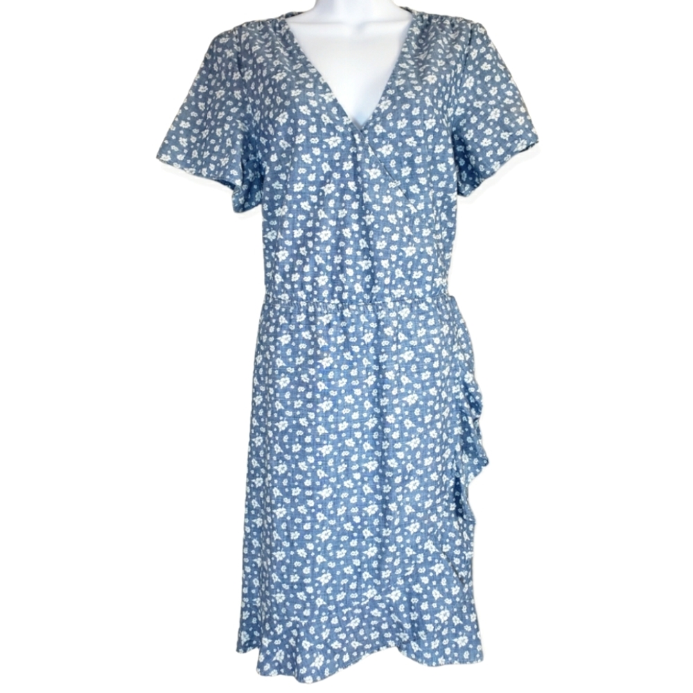 NWOT J Crew Mercantile blue floral chambray faux-wrap A-line dress Womens Large